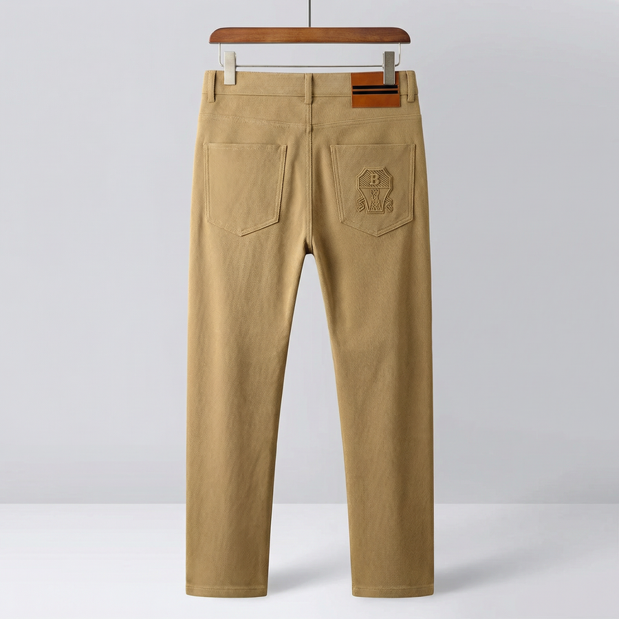 Khaki premium pants on hanger with front center crease and two side pockets