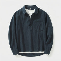 Navy button-up collar shirt with chest pocket and long sleeves