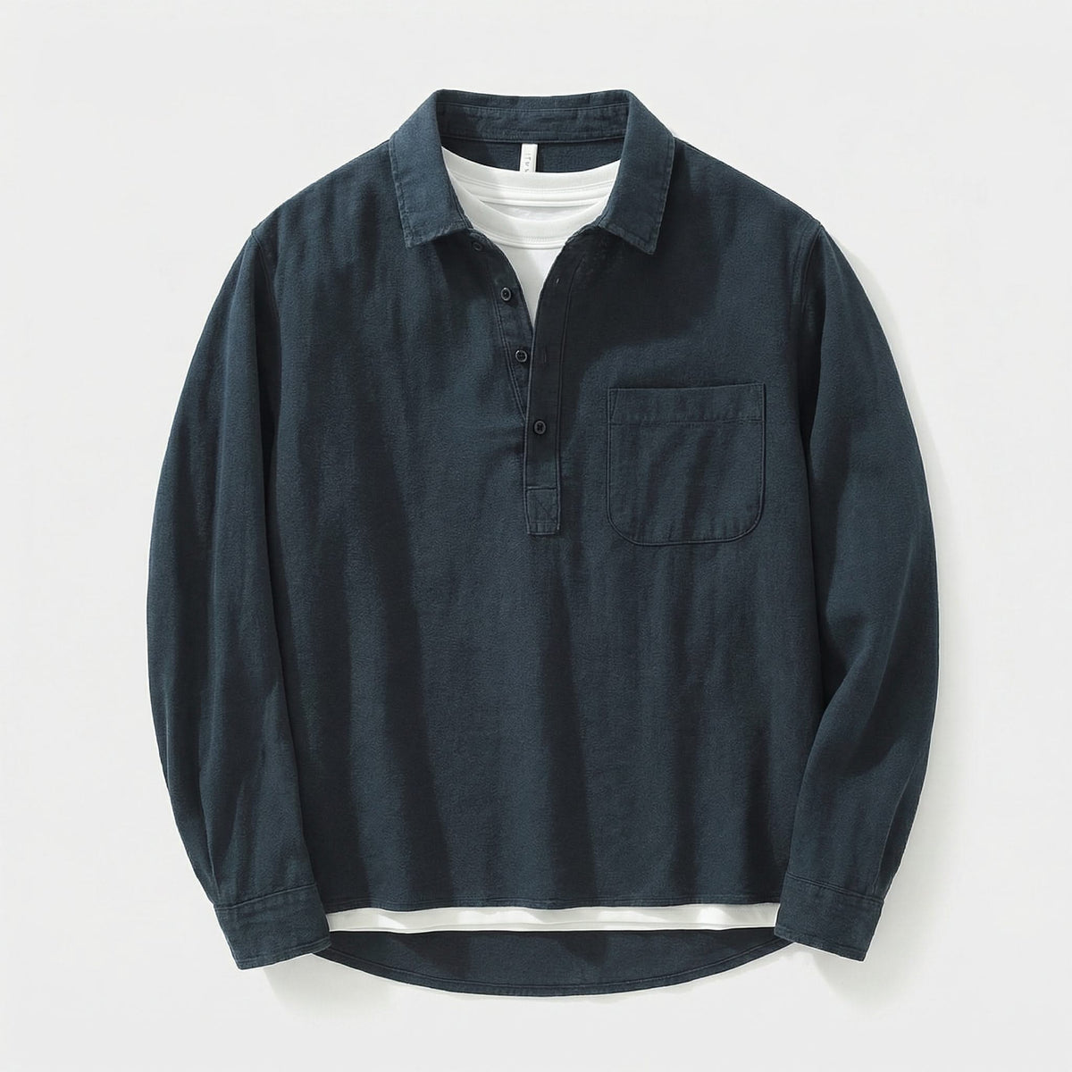 Navy button-up collar shirt with chest pocket and long sleeves