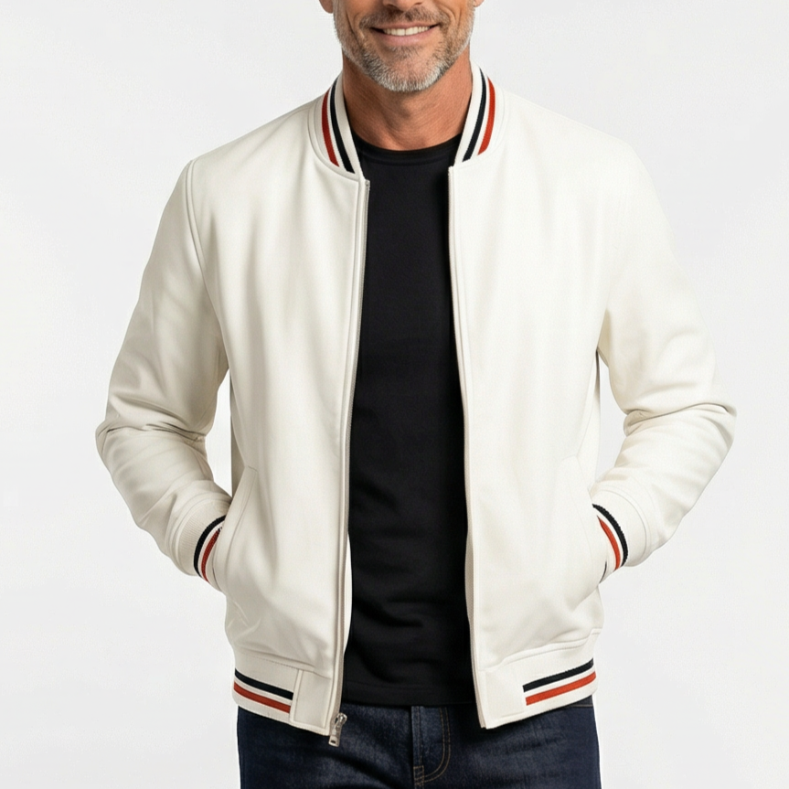 Men's cream bomber jacket with zip front, ribbed collar, striped cuffs and hem