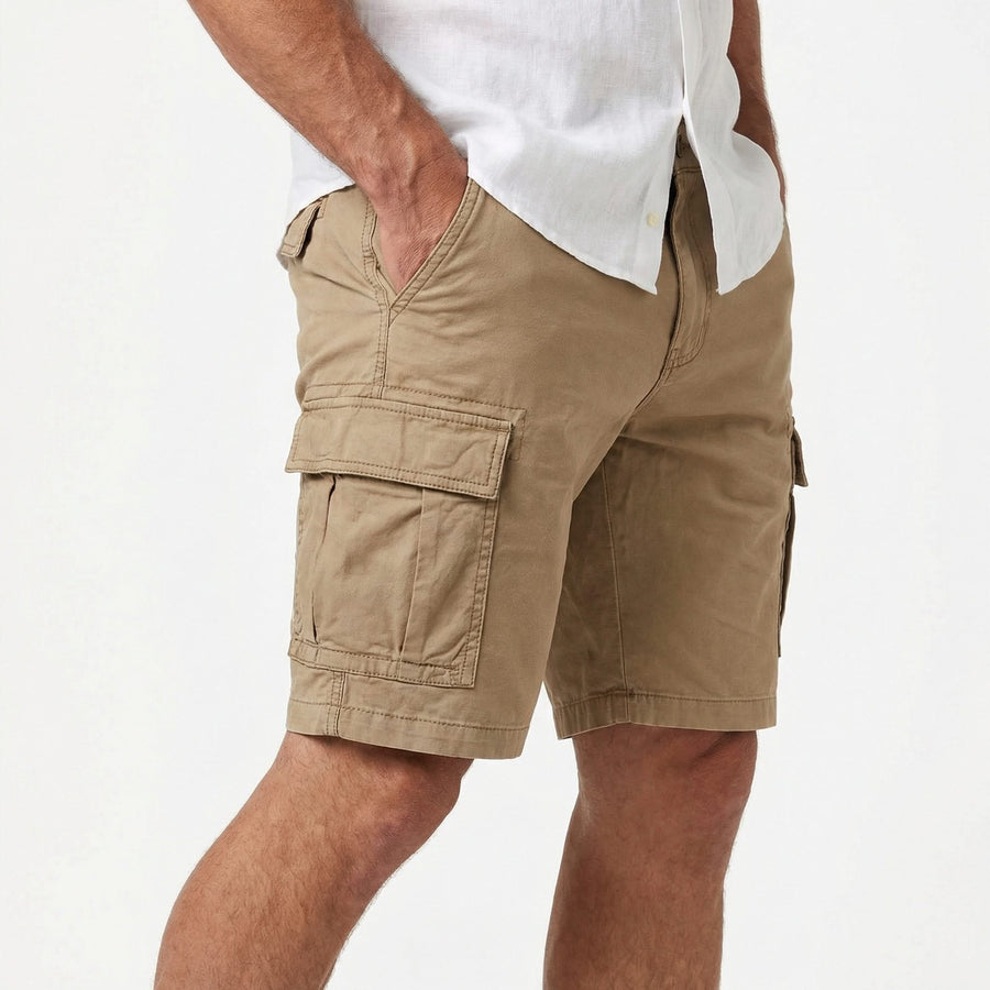 Beige cargo shorts, side view with flap pocket and stitched belt loops