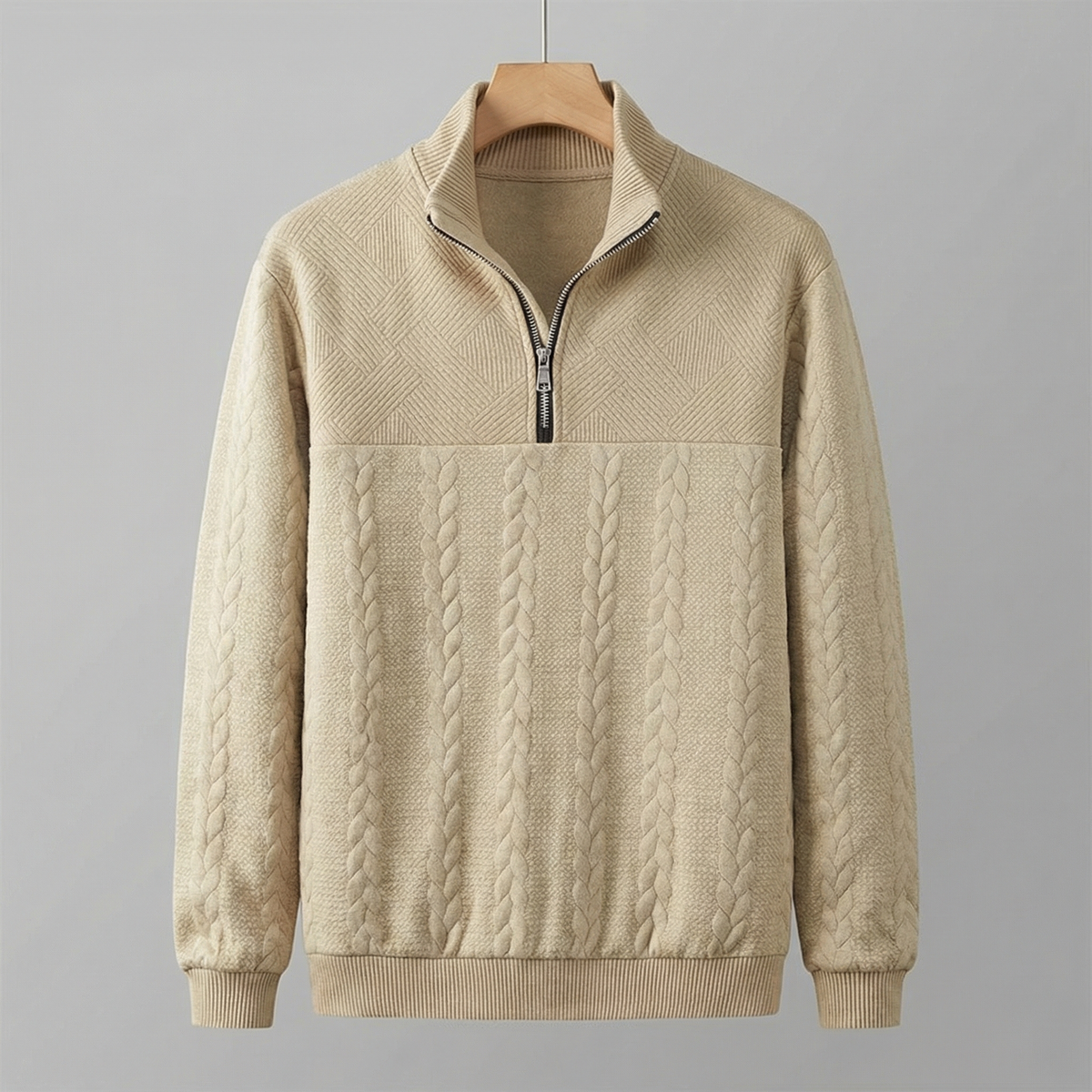 Beige quarter-zip sweatshirt with ribbed cuffs and textured knit panel detail