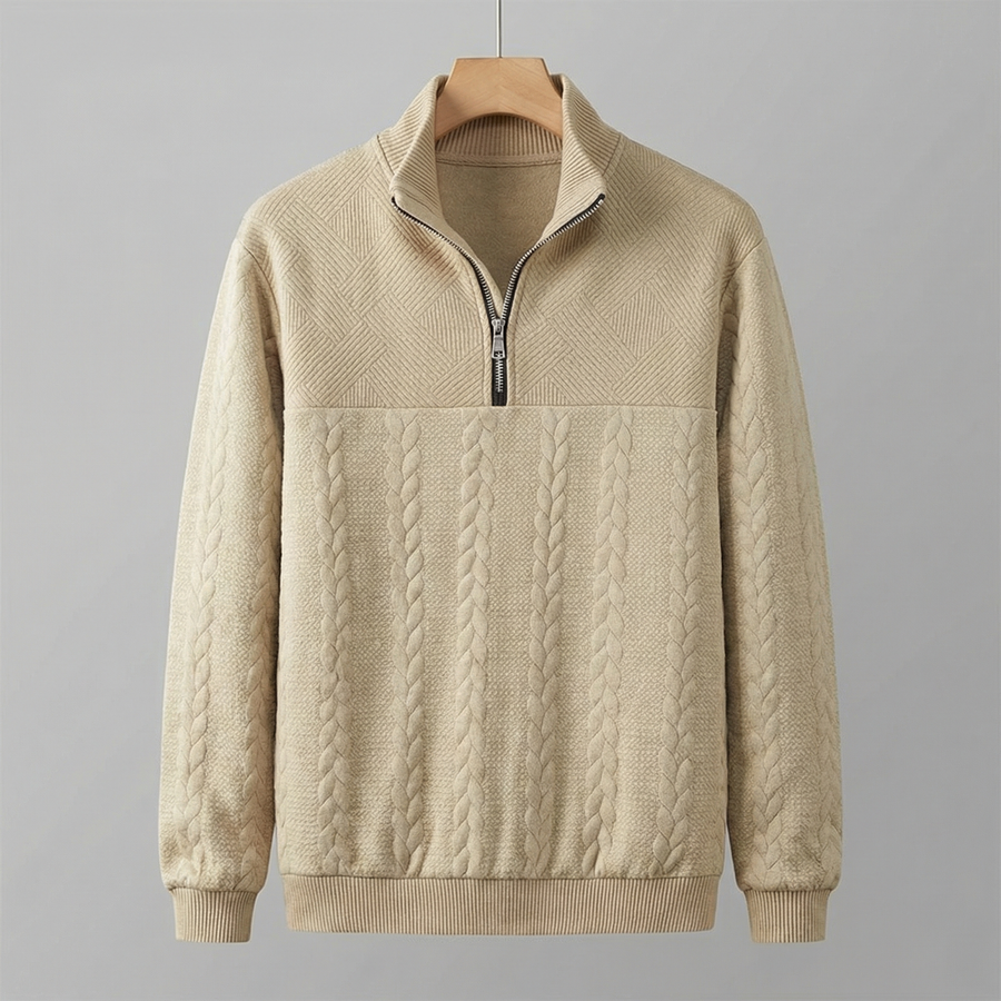 Beige quarter-zip sweatshirt with ribbed cuffs and textured knit panel detail