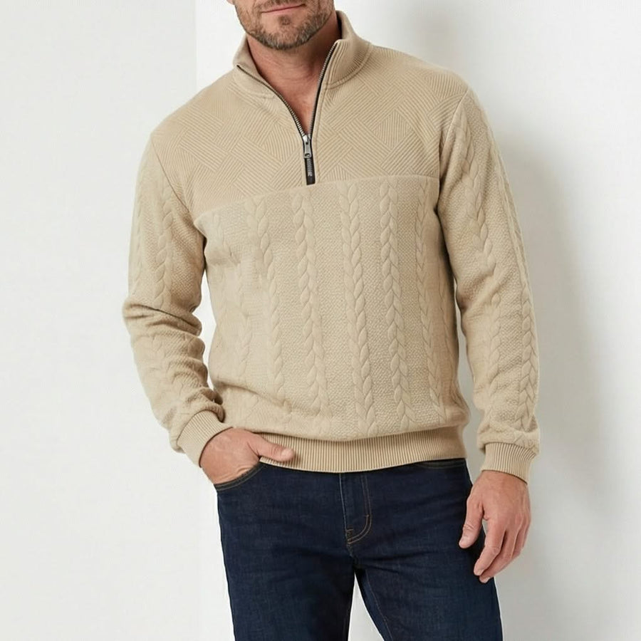 Beige quarter-zip sweatshirt worn with dark jeans; ribbed hem and knit panel