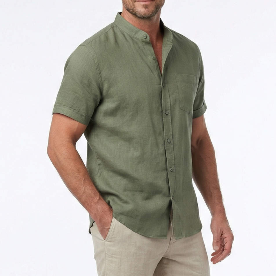 Mens short-sleeve button-up shirt in olive green, chest pocket, collarless style