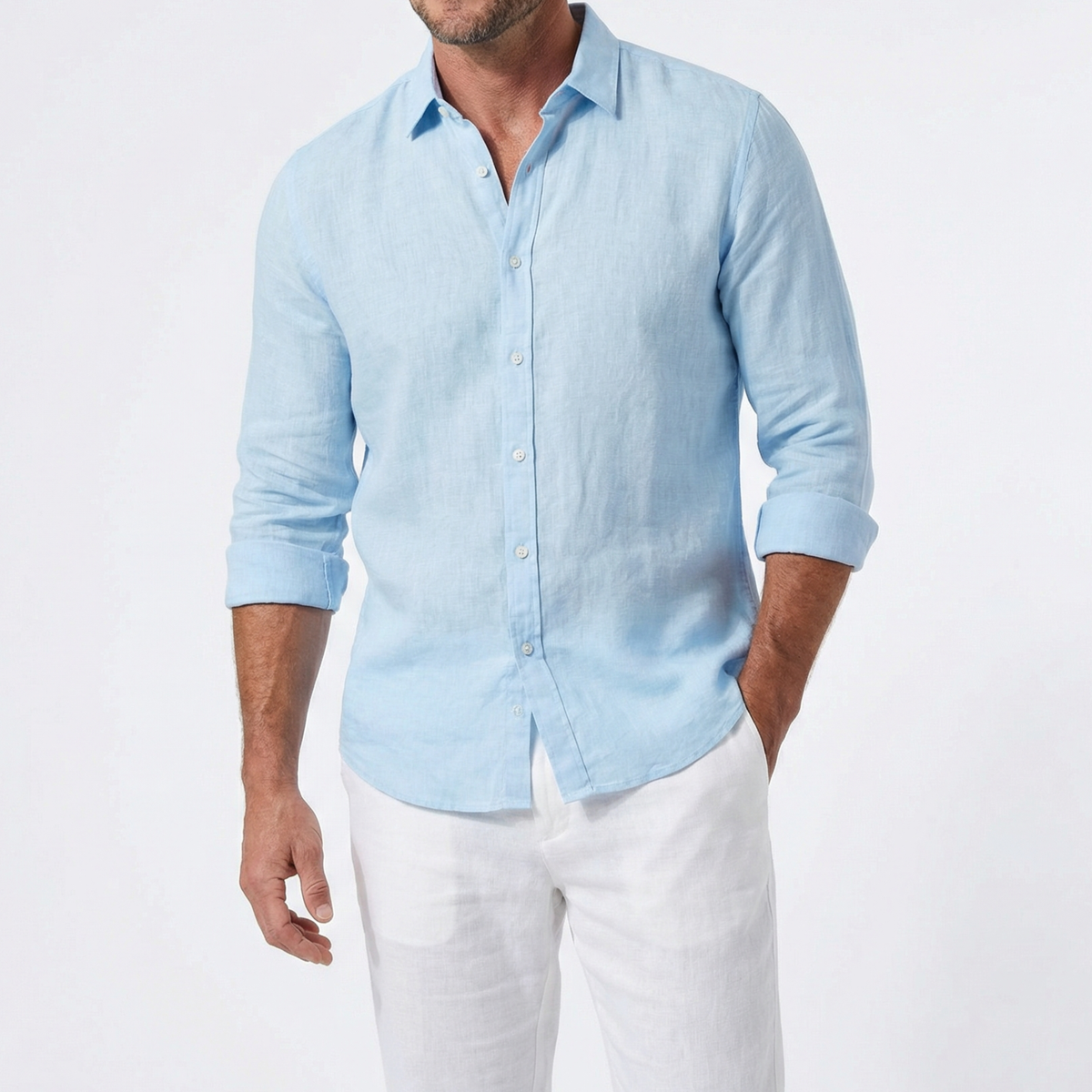 Riviera linen shirt in light blue, long-sleeve button-up with collar