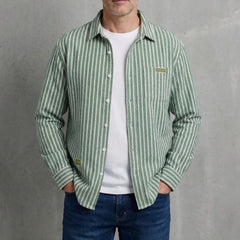 Layered pinstripe shirt in olive green with button placket and chest pocket