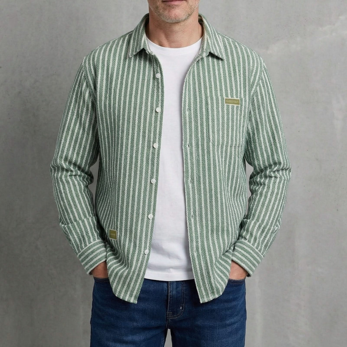 Layered pinstripe shirt in olive green with button placket and chest pocket