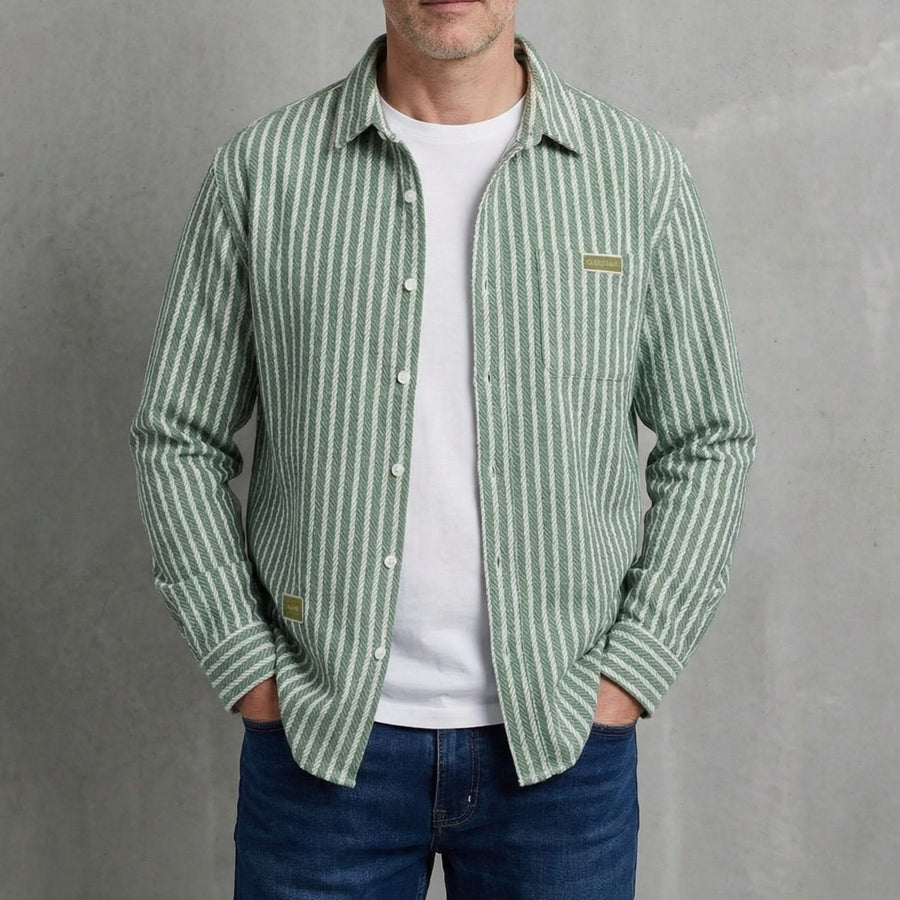 Layered pinstripe shirt in olive green with button placket and chest pocket