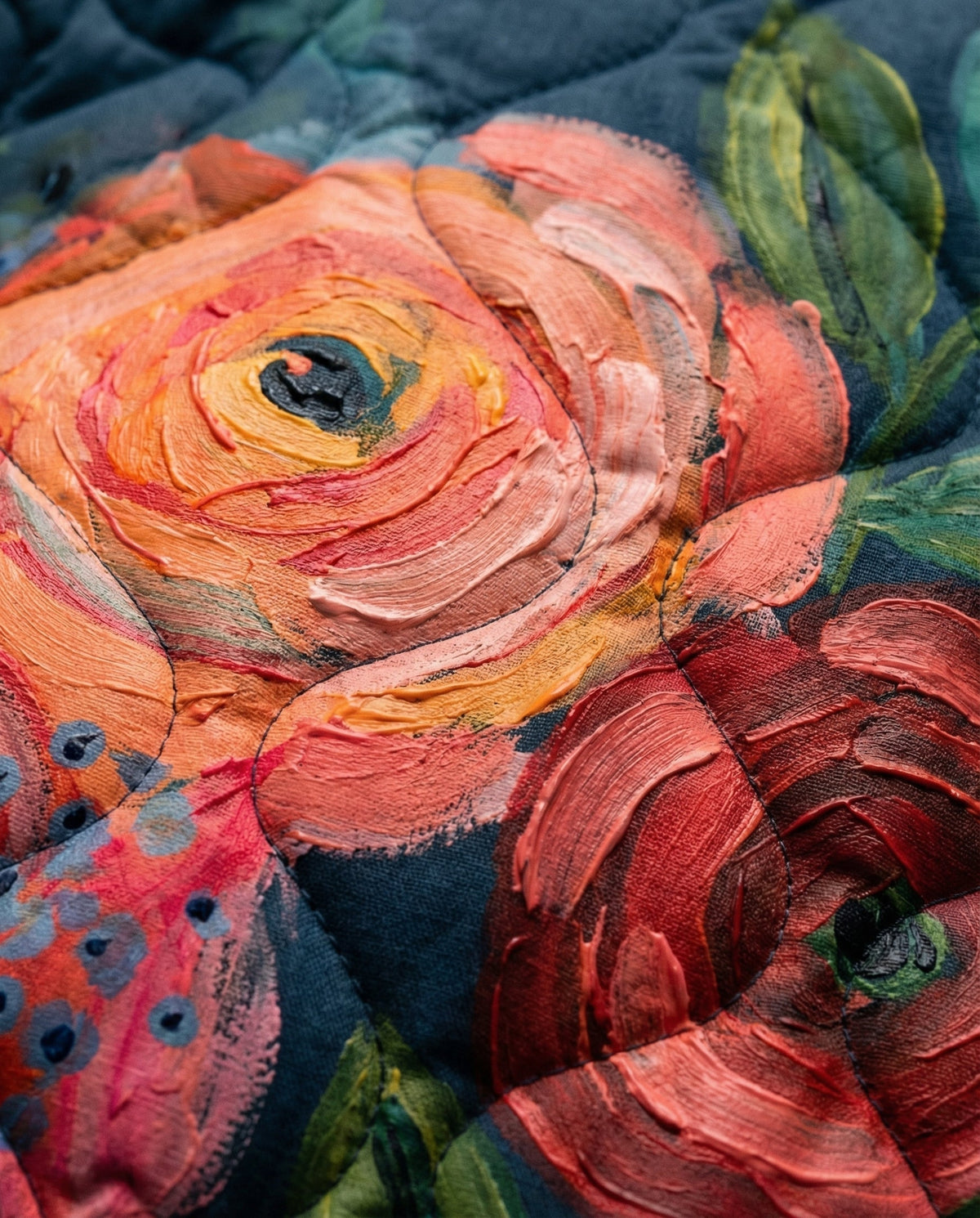 Amaya floral quilted jacket fabric close-up with orange, pink, and green rose print