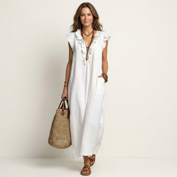 Josette | Ruffle V-Neck Linen Maxi Dress