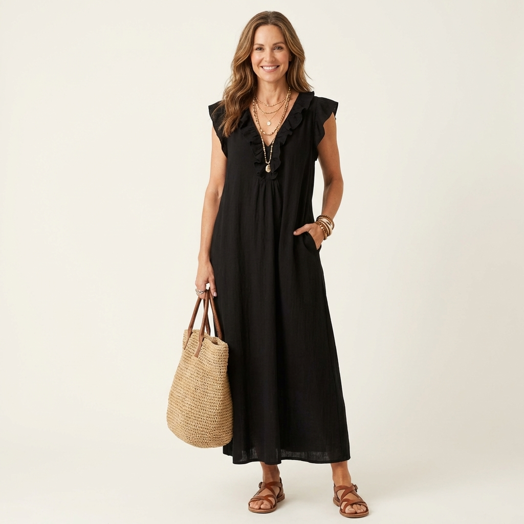 Black linen maxi dress with ruffle V-neck and flutter cap sleeves.