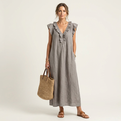 Gray linen maxi dress, ruffle V-neck and sleeveless tiered shoulders.