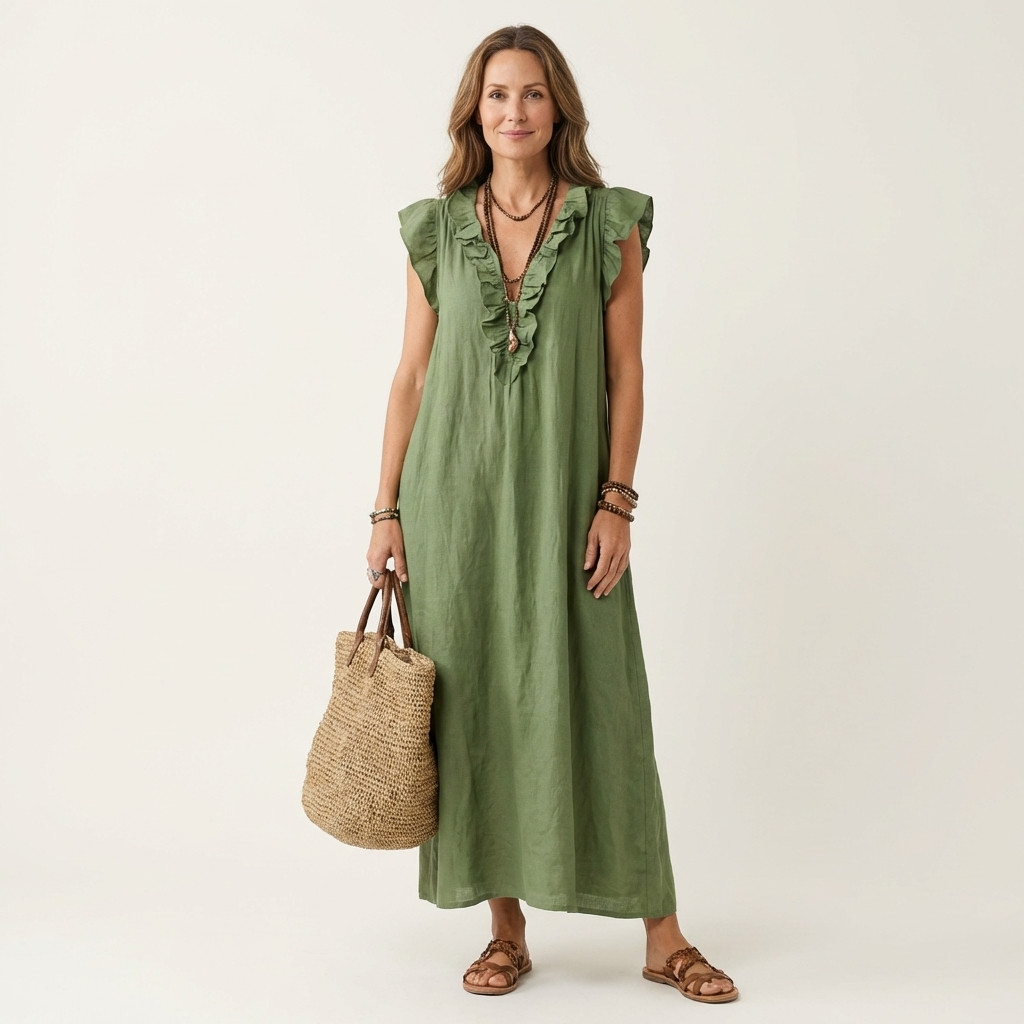 Green linen maxi dress with ruffle-trim V-neck and sleeveless gathered shoulders.