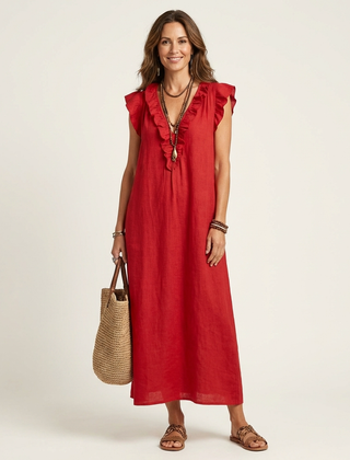 Red linen maxi dress with ruffle V-neck and gathered front placket.