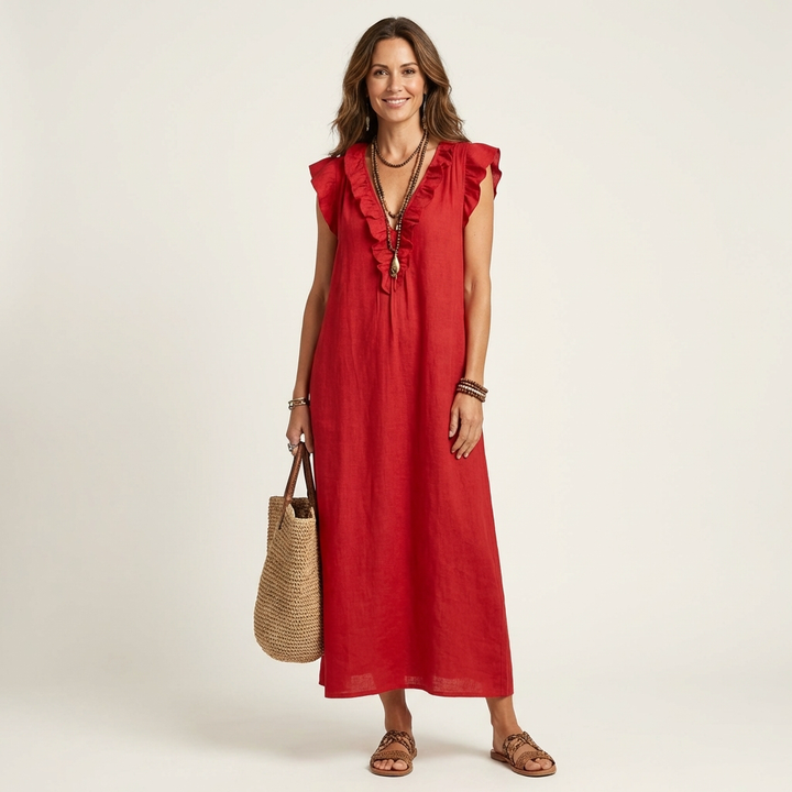 Josette | Ruffle V-Neck Linen Maxi Dress