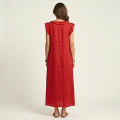 Red linen maxi dress back view with ruffled collar and short flutter sleeves.