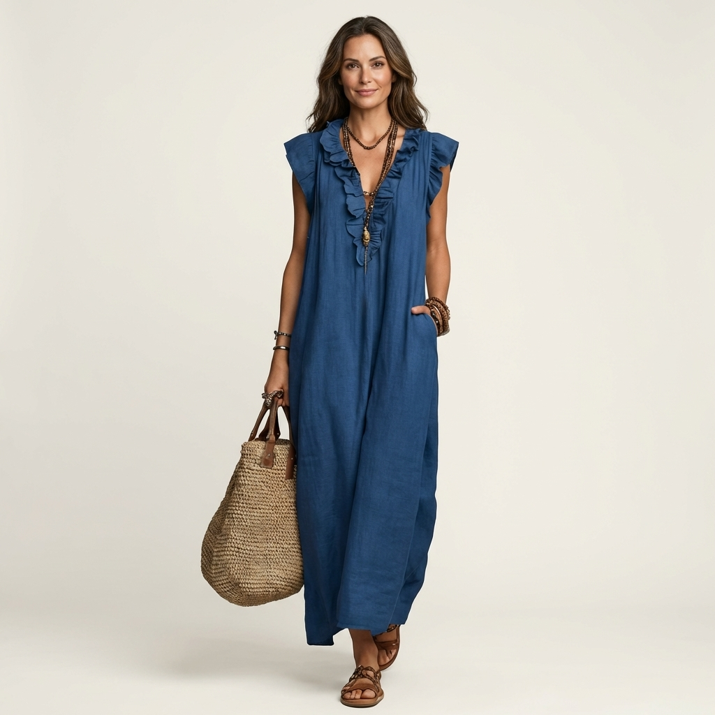 Blue linen maxi dress with ruffle V-neck and sleeveless tiered shoulder detail.