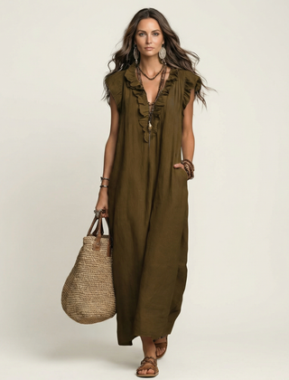 Olive-brown linen maxi dress with ruffled V-neck and sleeveless front trim.