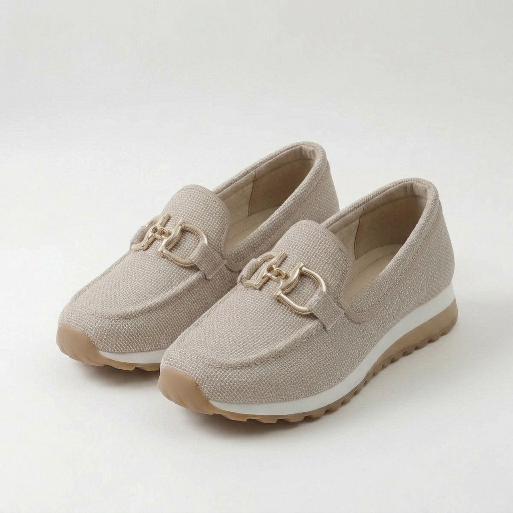 Beige orthopedic loafer sneakers with gold-tone buckle detailing and cushioned sole