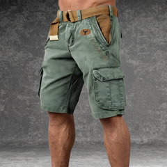 DUNMERE utility shorts in sage green with cargo side pockets and logo patch