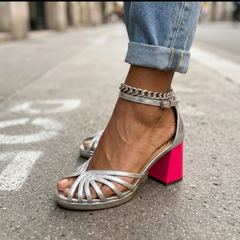 Silver strappy heeled sandals with ankle strap and crisscross straps