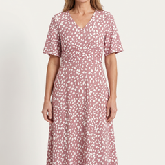 Rose spot-print midi dress with V-neck and short sleeves, relaxed fit