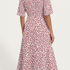 Rose spot-print midi dress with V-neck and short sleeves, back view
