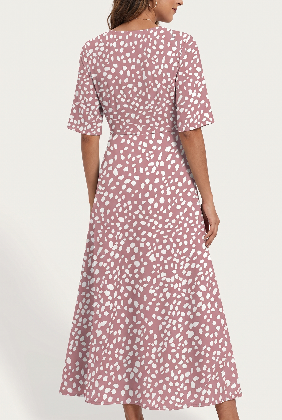 Rose spot-print midi dress with V-neck and short sleeves, back view