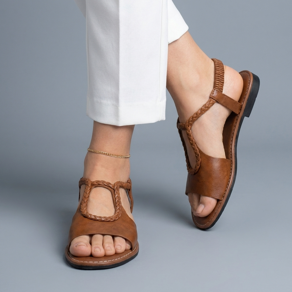 Braided leather sandals with open toe, slingback ankle strap, dark tan flat sole