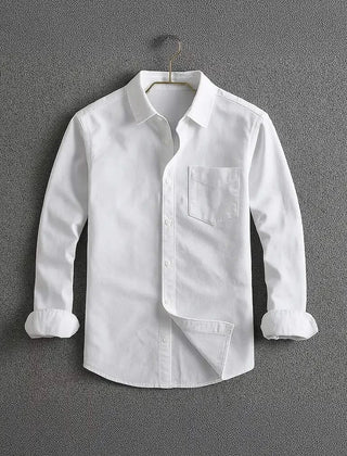 White long-sleeve button-up shirt with chest pocket and diagonal front panel.