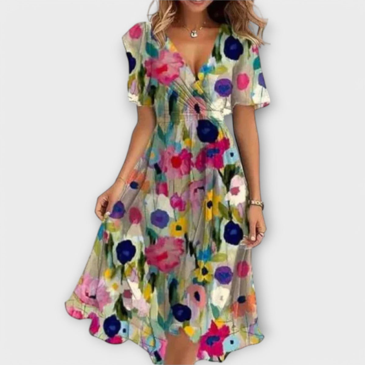 Floral wrap midi dress in multicolor with V-neck and short sleeves, cinched waist, flared skirt
