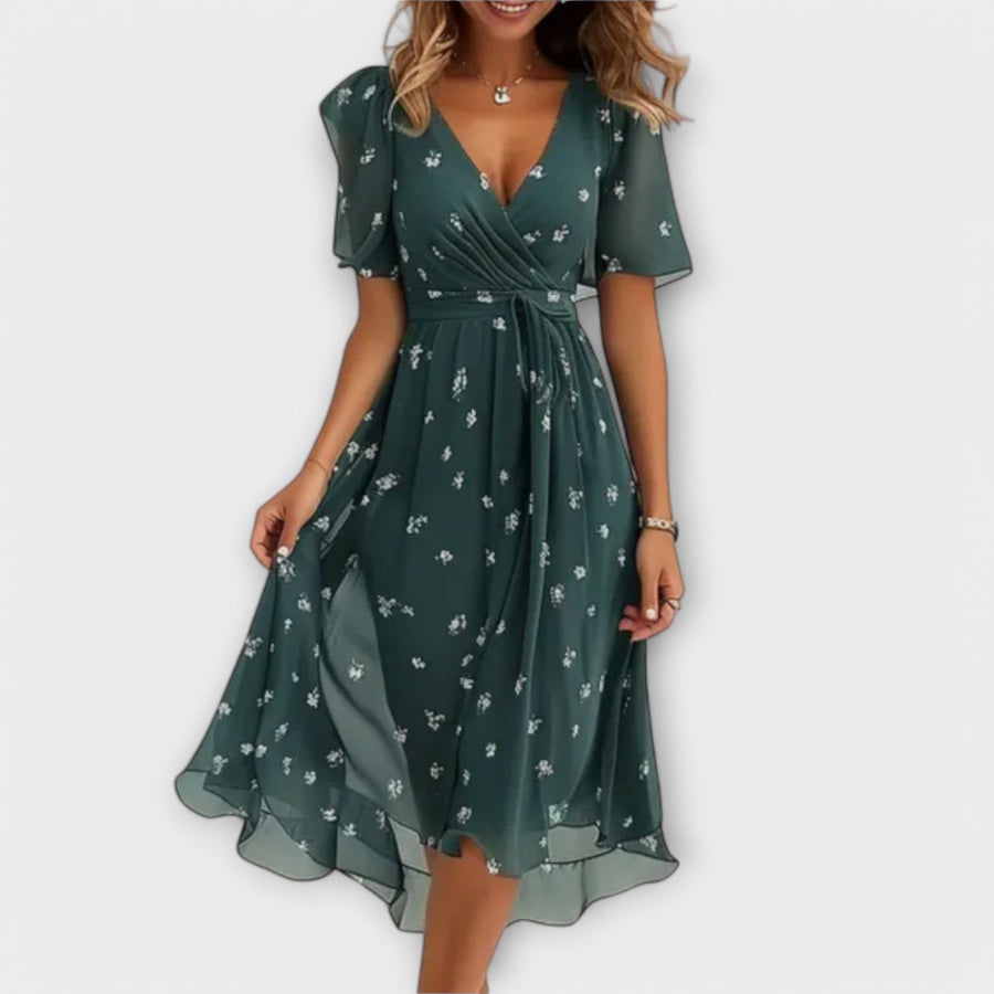 Floral wrap midi dress in dark green with V-neck and short sleeves, flared skirt