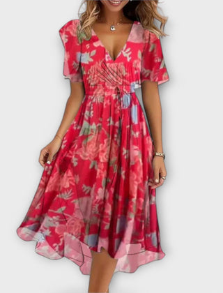 Floral wrap midi dress in pink with V-neck and short sleeves, gathered waist, flared hem