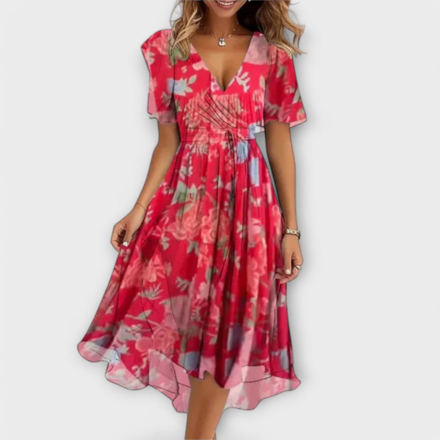 Floral wrap midi dress in pink with V-neck and short sleeves, gathered waist, flared hem