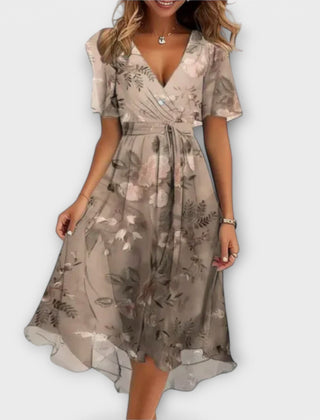 Floral wrap midi dress in beige with V-neck and short sleeves, adjustable waist tie, airy skirt