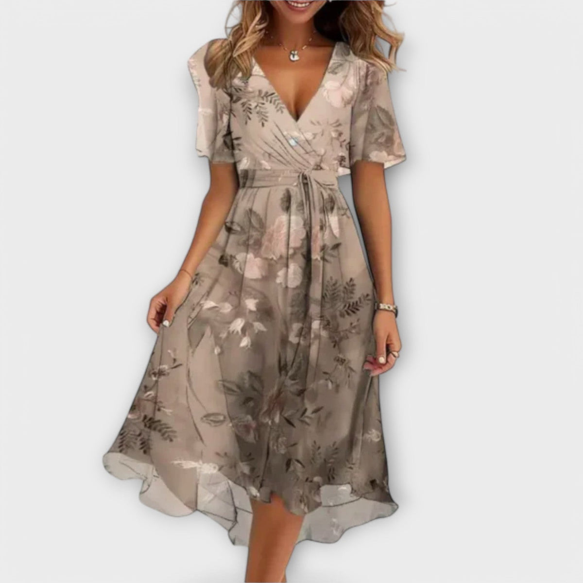 Floral wrap midi dress in beige with V-neck and short sleeves, adjustable waist tie, airy skirt