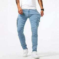 Light blue utility jeans with cargo pockets and tapered fit