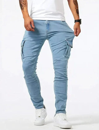 Light blue utility jeans with cargo pockets and tapered fit
