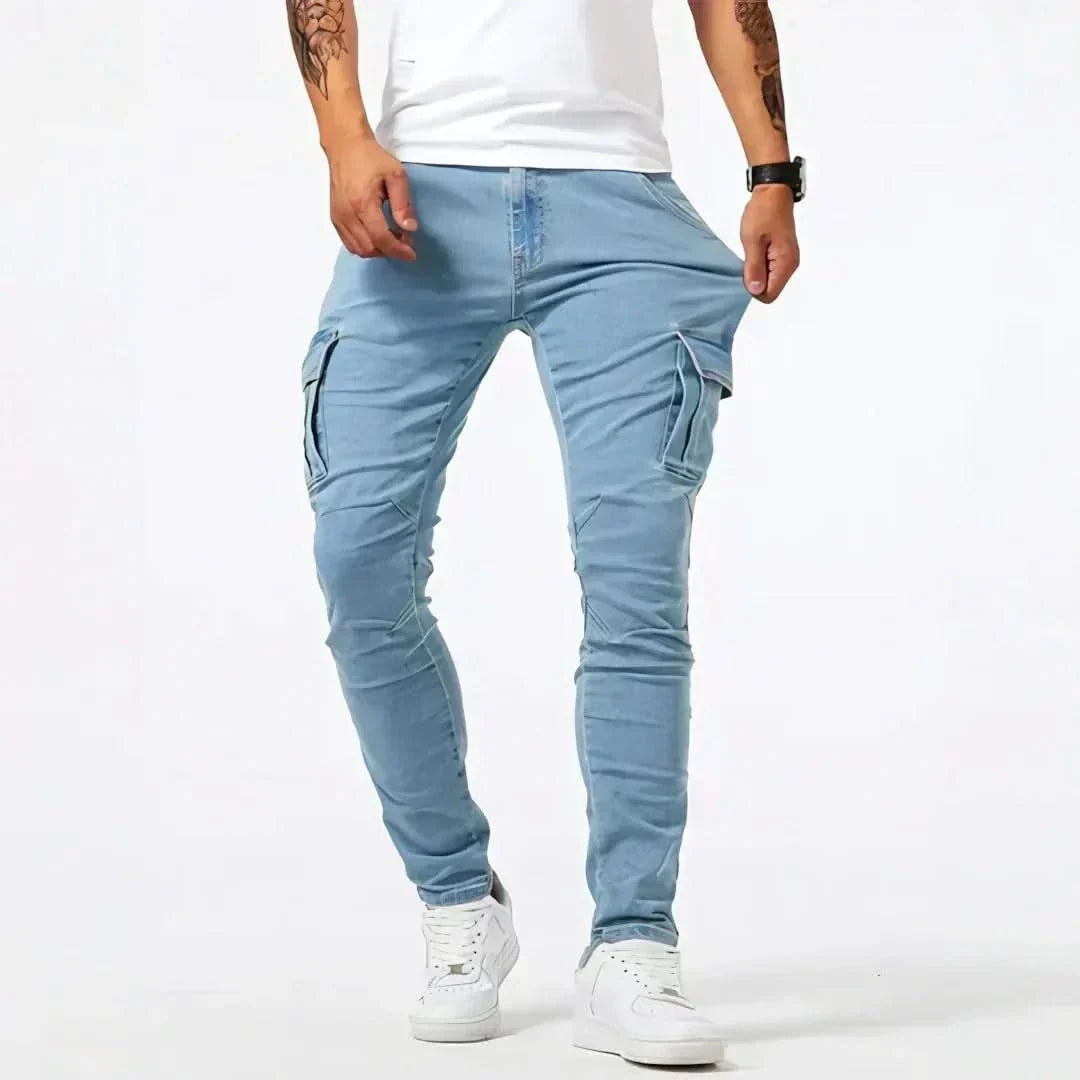 Blue cargo jeans with side cargo pockets and tapered slim fit