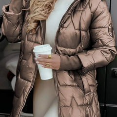 Leviana™ long quilted jacket in coffee brown with full front zip and hood