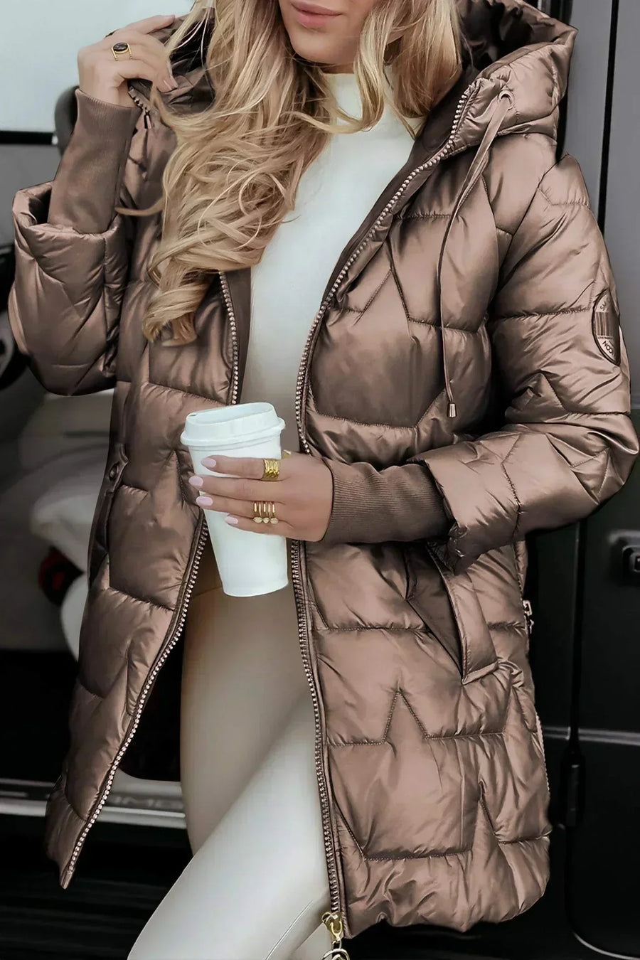 Leviana™ long quilted jacket in coffee brown with full front zip and hood