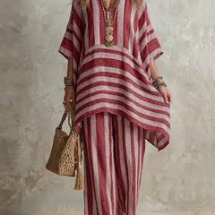 Red striped co-ord set: loose tunic top and matching wide-leg pants, V-neck