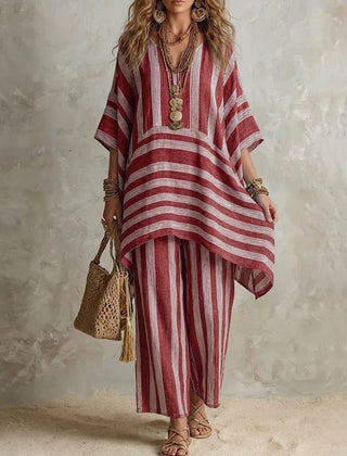 Red striped co-ord set: loose tunic top and matching wide-leg pants, V-neck