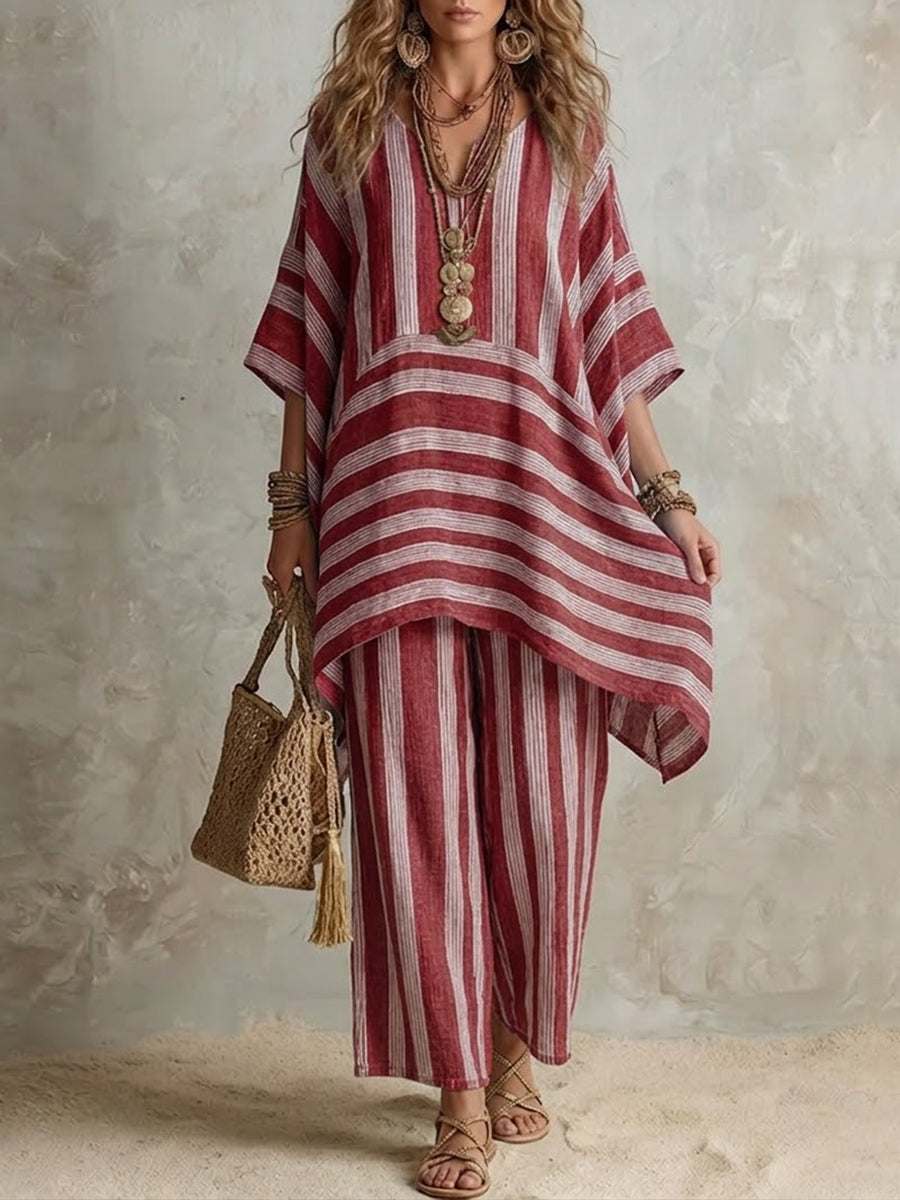 Red striped co-ord set: loose tunic top and matching wide-leg pants, V-neck