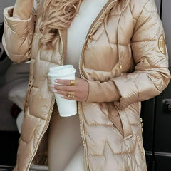 Leviana™ long quilted jacket in beige with full front zip and hood