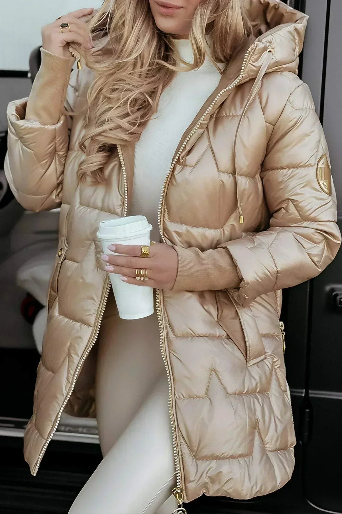 Leviana™ long quilted jacket in beige with full front zip and hood