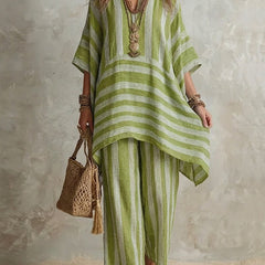 Light green striped co-ord set: loose tunic top and matching wide-leg pants, V-neck