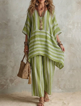 Light green striped co-ord set: loose tunic top and matching wide-leg pants, V-neck