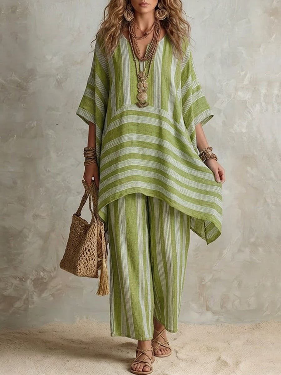 Light green striped co-ord set: loose tunic top and matching wide-leg pants, V-neck